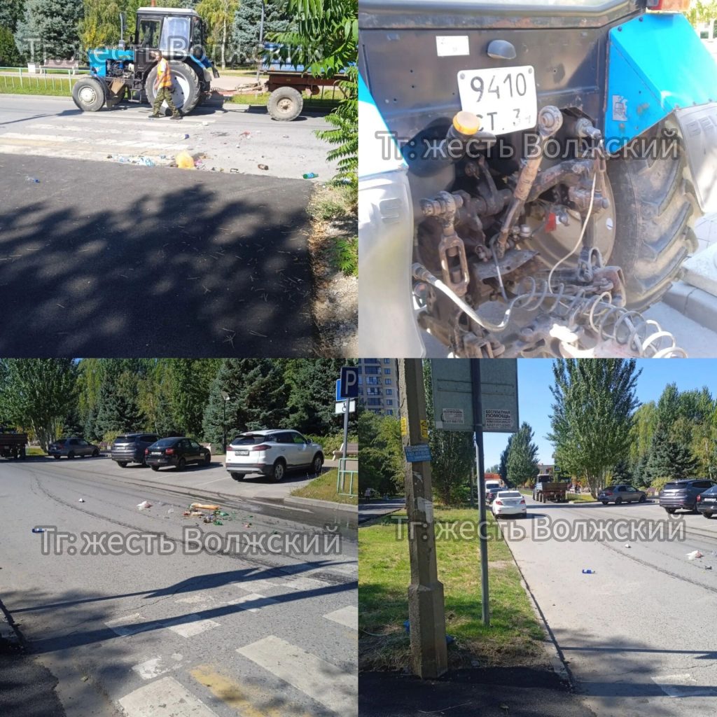 В Волжском при вывозе мусора мешки рвутся о трактор, а отходы остаются на дороге