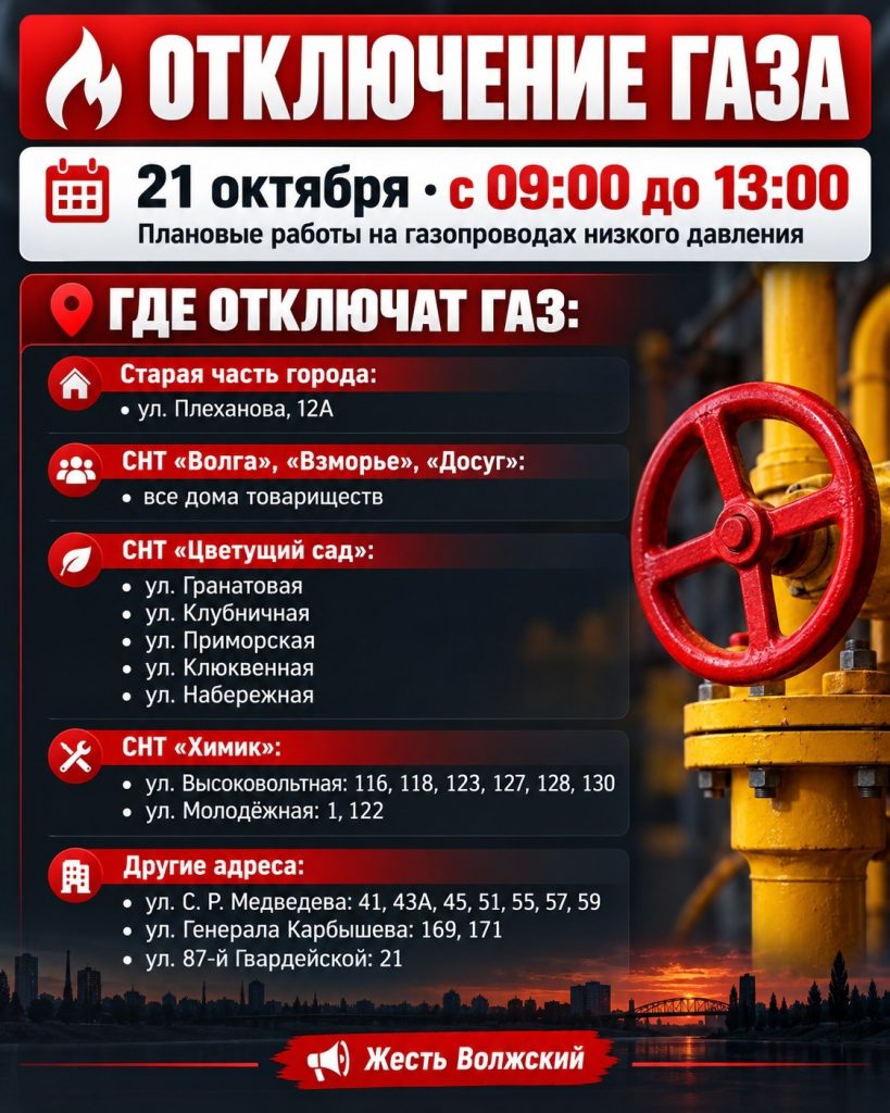 В Волжском 21 октября отключат газ на четыре часа