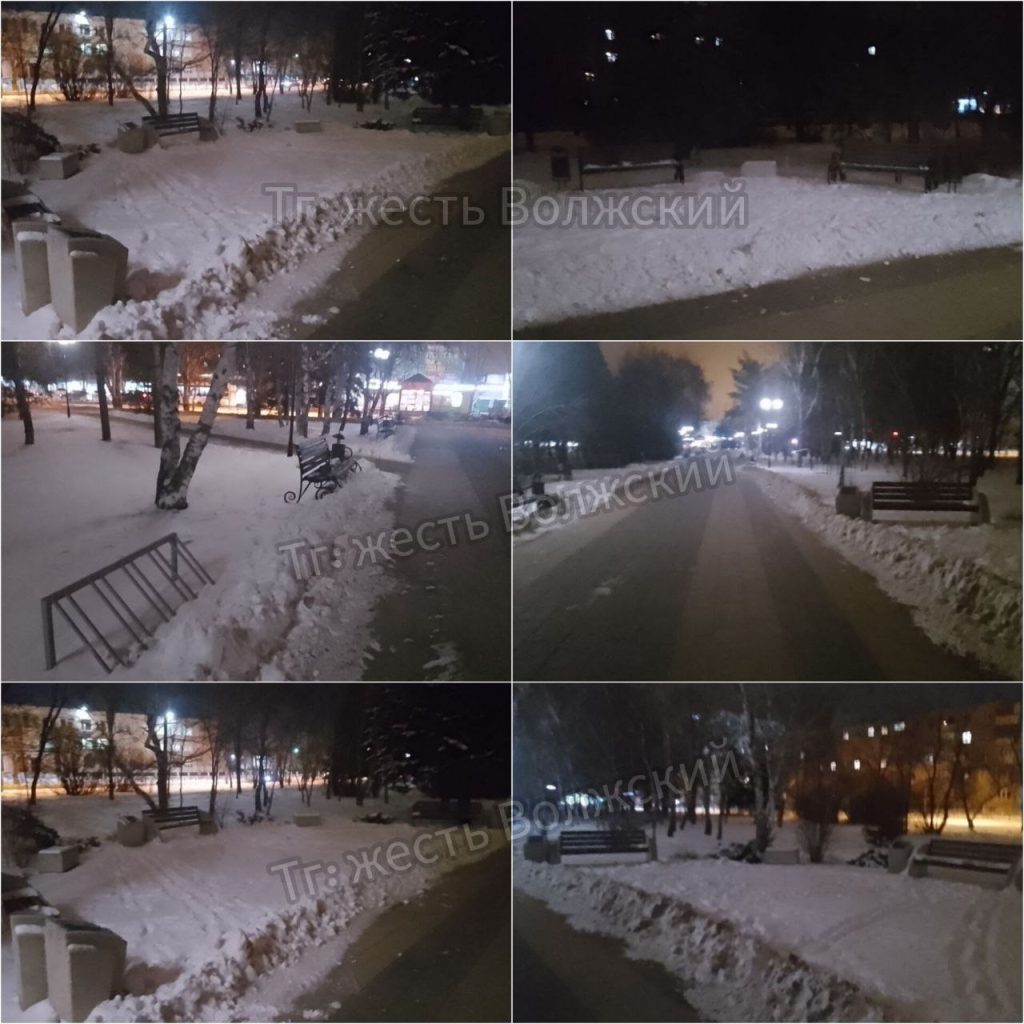 Сквер в Волжском убрали формально: скамейки и дорожки остались под снегом